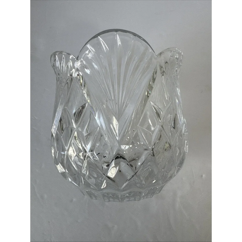 Heavy Clear Lead‎ Crystal Scalloped Bowl Vase Candle Holder 4.25
